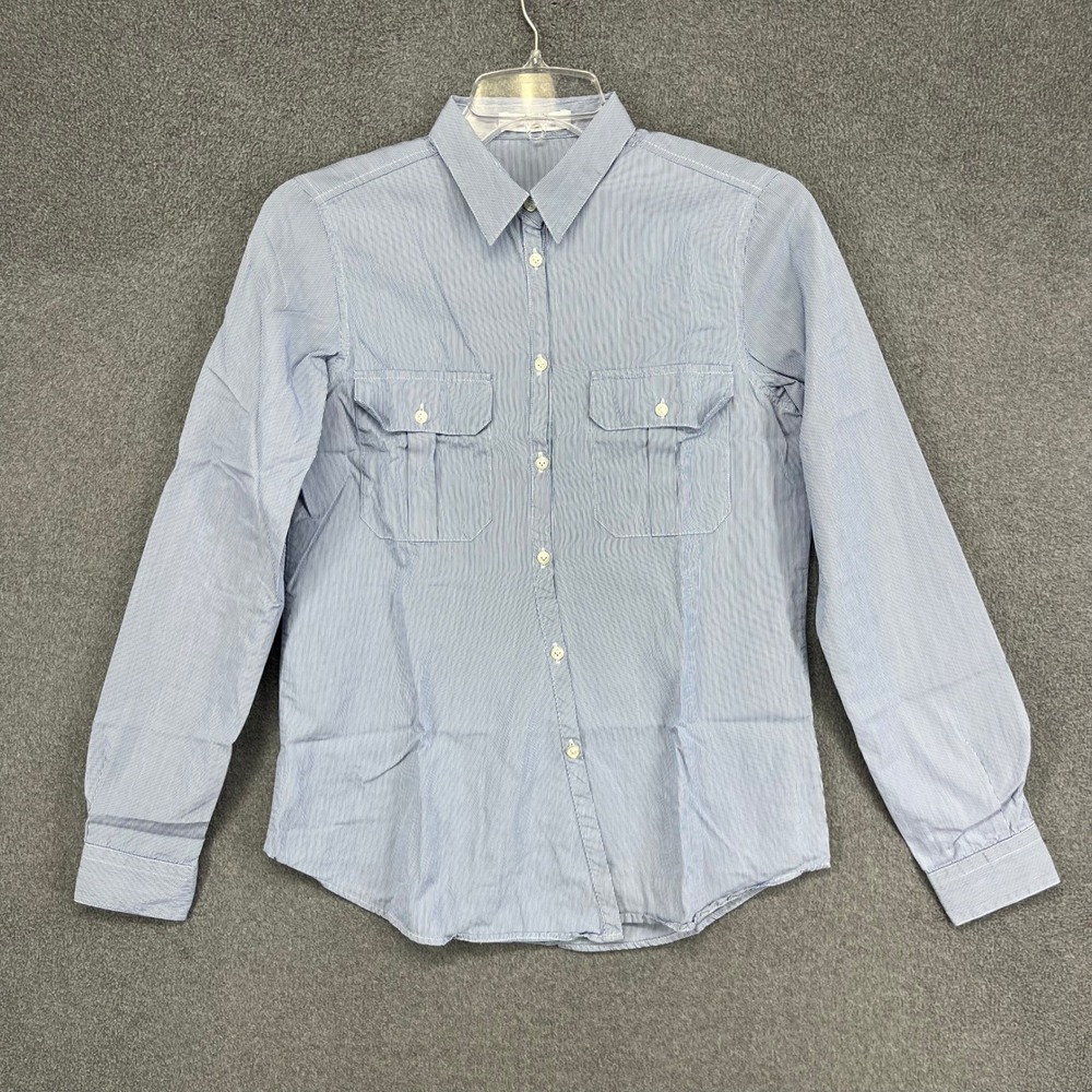 Aglini Striped Button Down Shirt Women L Blue White‎ Long Sleeve Cotton Blouse